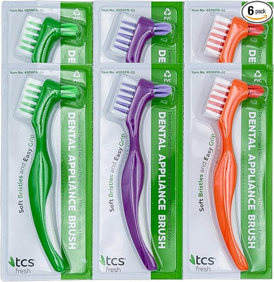 Soft Bristle Denture Brushes (Pack of 6) Dual Head Denture Brush for Dental Appliances - Dental Brush with Handle and Two Heads for Dentures, Retainers, Partial Dentures, Aligners, Mouthguards