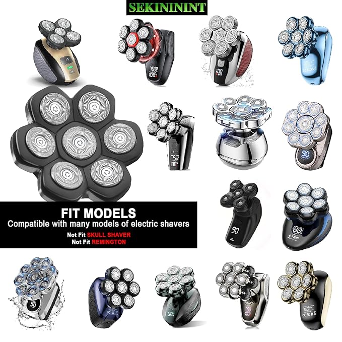 7 Blade Floating Replacement Shaving Head, Universal Washable Shaver Blade Heads Replacement for Bald Man Head Shaver Compatible for Rotary Shavers (Black)