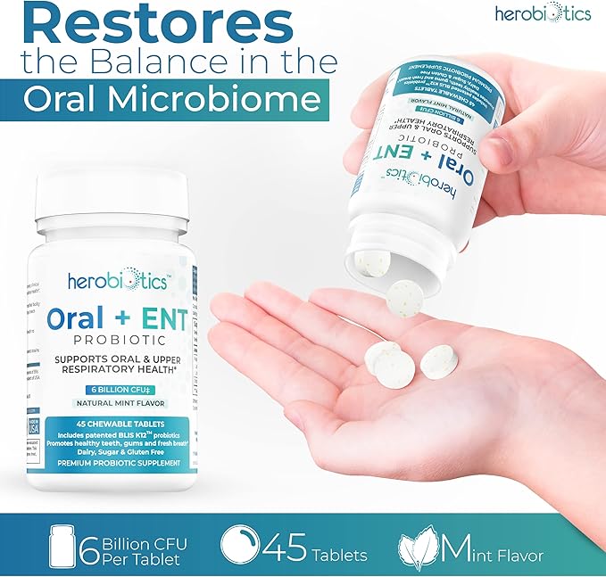 Oral Probiotics for Better Breath, Gingivitis, Strep Throat, Tonsil Stones, ENT - 6 Bn CFU Oral Probiotics with Lactobacillus Reuteri, L. Plantarum & BLIS K12-45 Chewable Tablets