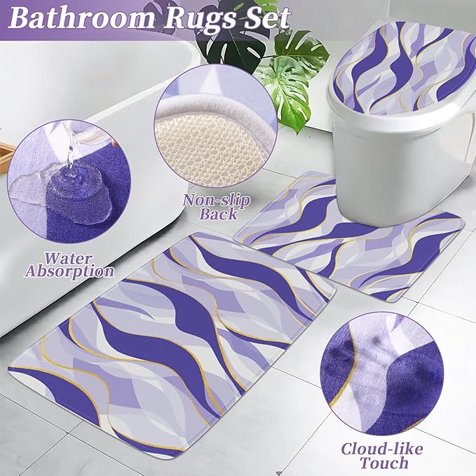 Bathroom Set - Purple and Gold Bathroom Accessories, Bathroom Sets with Shower Curtain and Rugs, Purple Shower Curtain Set with Bathroom Trash Can, Soap Dispenser, Soap Dish for Home Decor