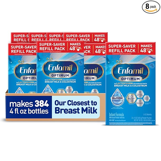 Enfamil Optimum (Enspire), Our Closest Formula to Breast Milk, Immune-Supporting Lactoferrin and Brain-Supporting DHA Baby Formula, Powder 30 Oz Refill, Pack of 8