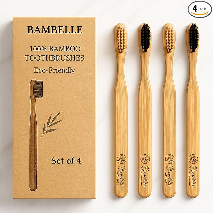 Bamboo Toothbrushes, 4-Pack Soft Bristle, Eco-Friendly, Biodegradable, Natural Wooden, Plastic-Free