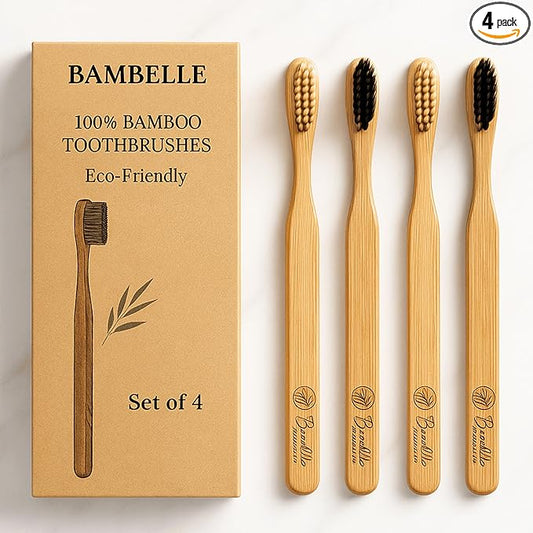 Bamboo Toothbrushes, 4-Pack Soft Bristle, Eco-Friendly, Biodegradable, Natural Wooden, Plastic-Free