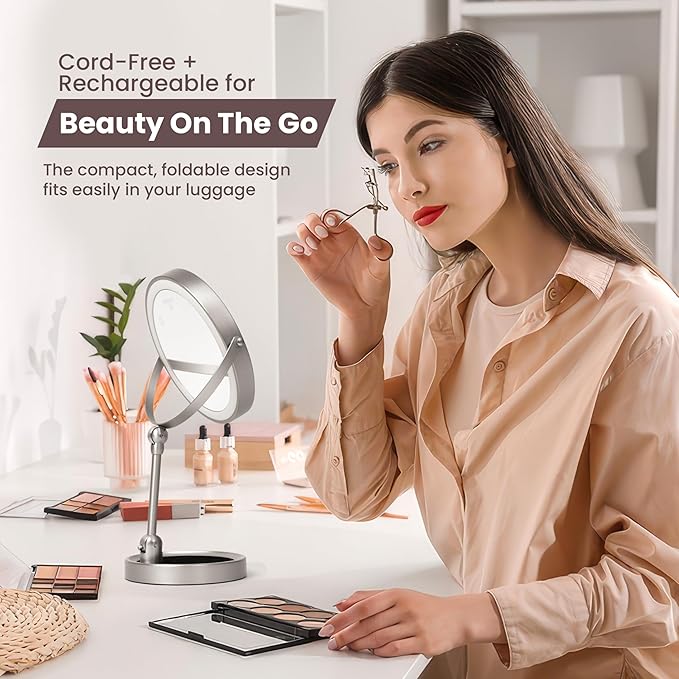 Smart 9" LED Light Makeup Mirror, Rechargeable, 1X/10X Magnifying Vanity Mirror with 3 Color Lights, Height Adjustable, Large Tall 360° Swivel Double Sided Standing Travel Mirror (Nickel)