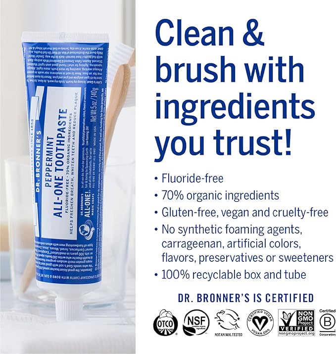 Dr. Bronner’s - All-One Toothpaste Variety Pack - Peppermint & Spearmint, 70% Organic Ingredients, Fluoride-Free, Helps Freshen Breath, Vegan (5oz, 2-Pack)