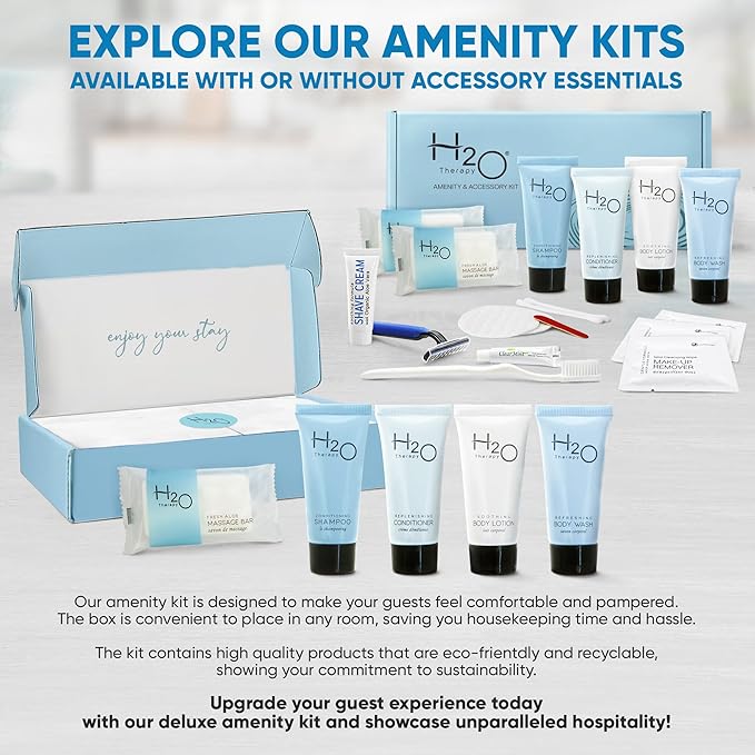H2O Therapy Amenity Kit | Hotel Bulk Toiletries | 0.85 oz Shampoo, Conditioner, Lotion, Body Wash, Body Bar Soap for Guest Hospitality Vacation Rentals | 15 Sets/Case