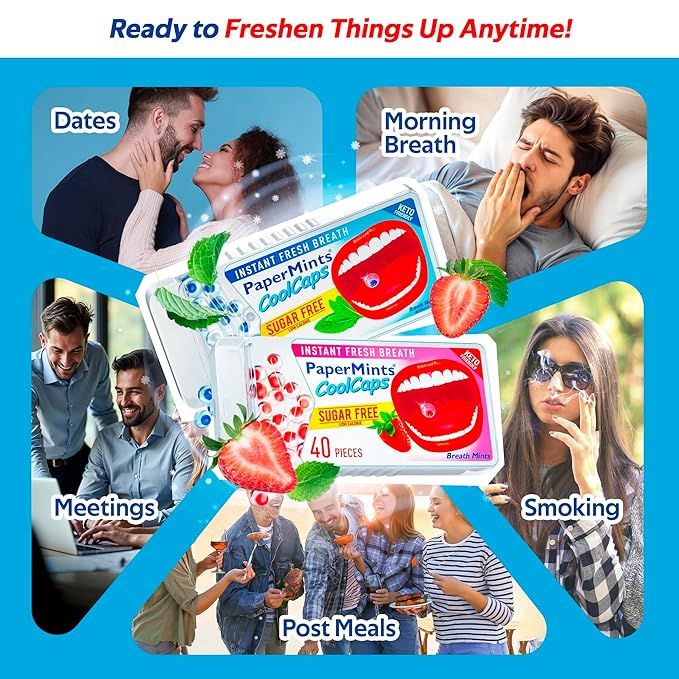 PaperMints CoolCaps - Instant Fresh Breath Mints Sugar-Free Variety 4 Pack - 160 capsules. Chronic Bad Breath Treatment for Adults, Peppermint Mouth Freshener Mint Pearls Halitosis Dry Mouth Products