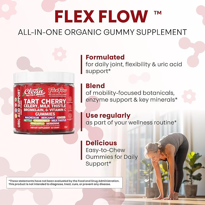 Clean Nutra Tart Cherry Gummies Uric Acid Flush Celery Milk Thistle Bromelain Vitamin C Magnesium Citrus Bergamot Ginger Stinging Nettle Leaf Chamomile Berberine Quercetin Support 60 Gummy Vitamins