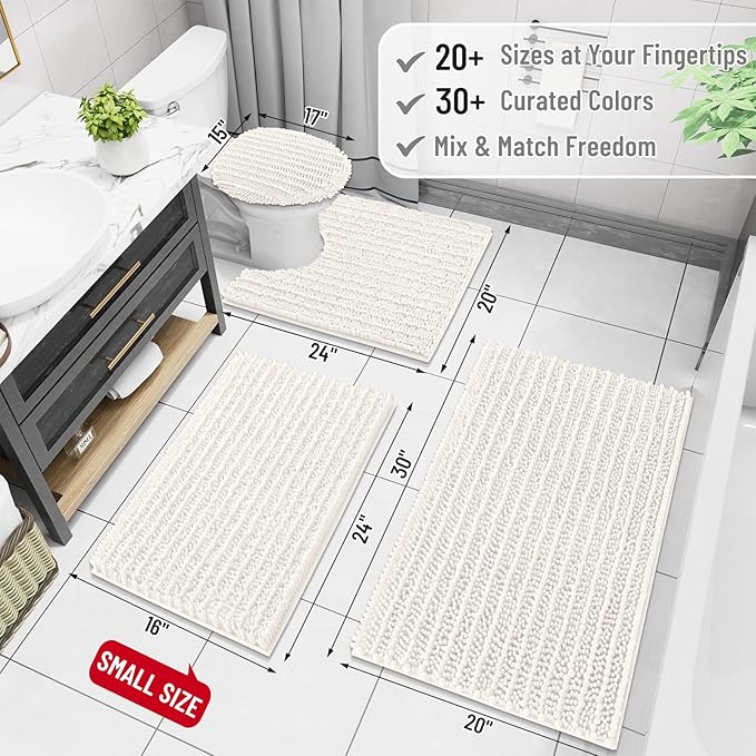 Arotive Luxury Chenille Bathroom Rug Mat, Extra Soft Thick Absorbent Shaggy Bath Rugs, Non-Slip Machine Wash Dry, Plush Bath Mats for Bathroom, Shower and Tub, 50x30, Ivory