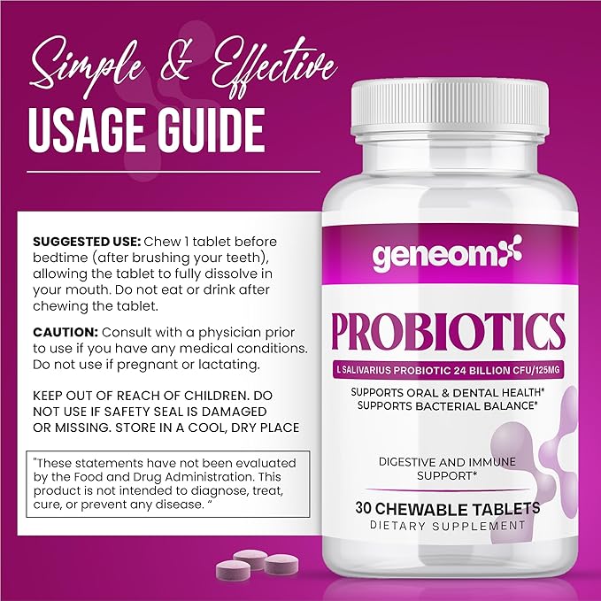 Probiotics L. Salivarius 24 Billion CFU – Supports Oral, Digestive & Immune Health – Chewable Tablets for Better Gut Health, Bacterial Balance, Non-GMO, Gluten Free, Vegan – 30 Count