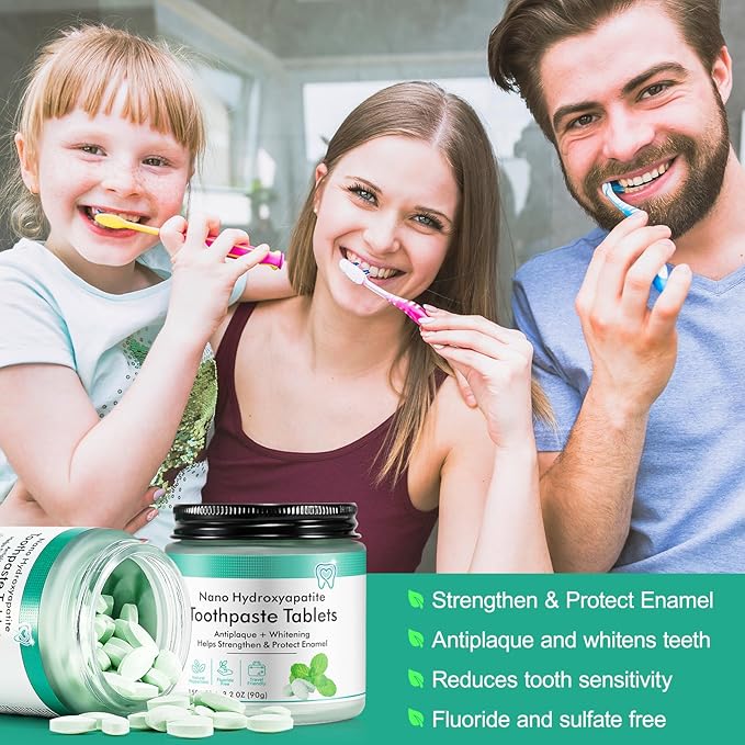 Toothpaste Tablets 150pcs Chewable Whitening - Nano Hydroxyapatite Toothpaste for Sensitive Teeth & Antiplaque -, Natural Peppermint, Fluoride Free - Strengthen & Protect Enamel - Fresh Breath