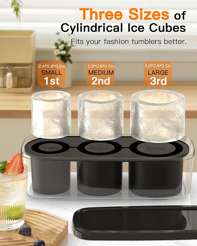 Ice Cube Tray for Tumbler Cup 30Oz-40Oz, 3 Pcs Silicone Cylinder Ice Mold with Lid and Bin for Freezer, Easy Fill and Release Ice Maker for Whiskey, Cocktail BPA-Free (Black, 40Oz-Type2)
