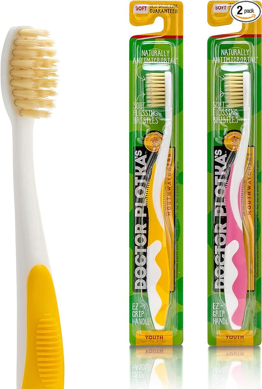 MOUTHWATCHERS Soft Childrens Flossing Manual Toothbrush, Set of 2, Pink and Yellow Toothbrushes for Kids & Teens, Ultra Clean, by Dr. Plotka's