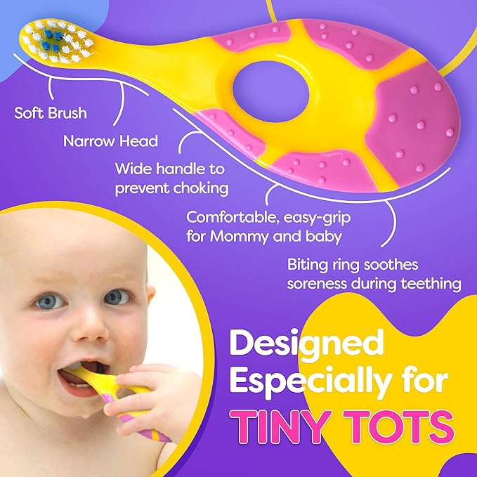 Baby Toothbrush 12 months and up - Toddler Toothbrush - Soft Bristles - Child Sized Brush Heads - Infant toothbrush - Kids Tooth Brush - Easy Storage - Girl Set (4-Pack, Pink & Purple - Color)