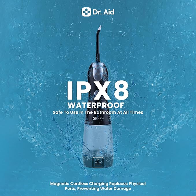 Dr. Aid Dental Water Flosser – Portable Oral Irrigator – 11Oz Tank, Water Filter, 5 Tips, Magnetic Charger – IPX8 Waterproof Cordless Water Flosser, Ideal Water Flossers for Teeth, Gums, Braces, Black