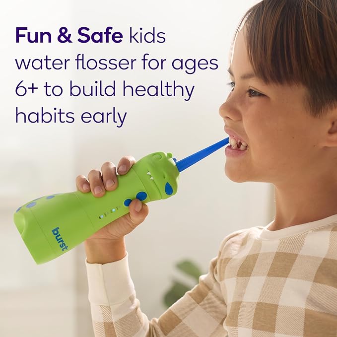 BURST Kids Water Flosser (Dinosaur) | Cordless & Rechargeable Water Flosser for Teeth | 3 Gentle Pressure Modes | Silicone Safety Tip | Braces-Friendly | Fun, Kid-Safe Design | 155mL Water Tank