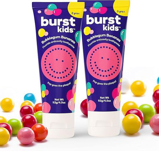 BURST Kids Toothpaste with Fluoride – Bubblegum Flavor, Anticavity, Dye-Free, Vegan, Gluten-Free, Ages 2+, 4oz, 2-Pack