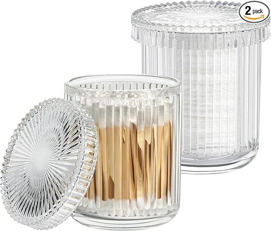 2 Pack Qtip Holder - Apothecary Jars with Lids, Bathroom Organizers and Storage Canister for Cotton Balls,Swabs,Floss Picks,Hair Ties,Clear Glass Vintage Bathroom Decor Jar Set (Clear)