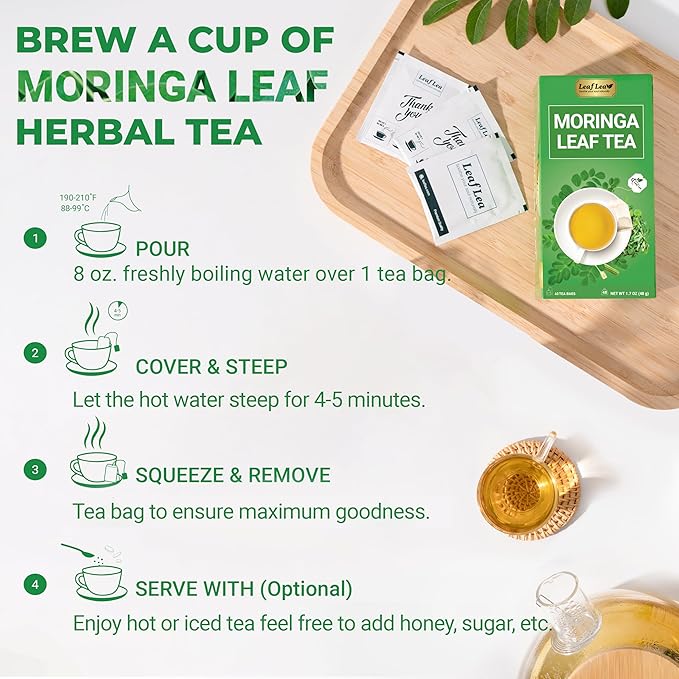 LeafLea 80 Moringa Tea Bags, Premium Moringa Leaf Herbal Tea for Digestive Support and Daily Wellness, Made from Natural Leaves, Caffeine-Free, Non-GMO, Sugar-Free