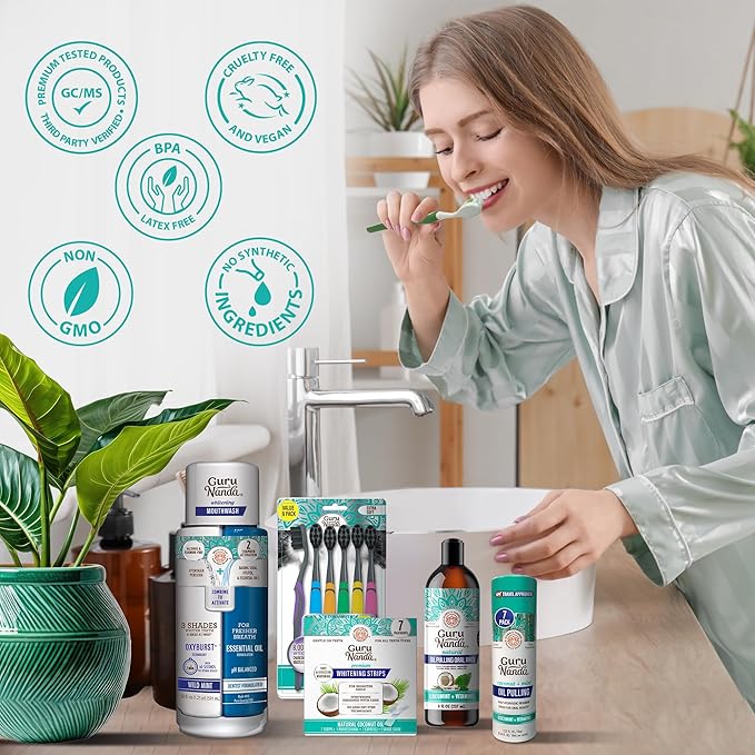GuruNanda Total Smile Makeover Kit Charcoal with Cocomint Oil Pulling, Dual Barrel Whitening Mouthwash, Whitening Strips & Charcoal Butter on Gums Toothbrushes