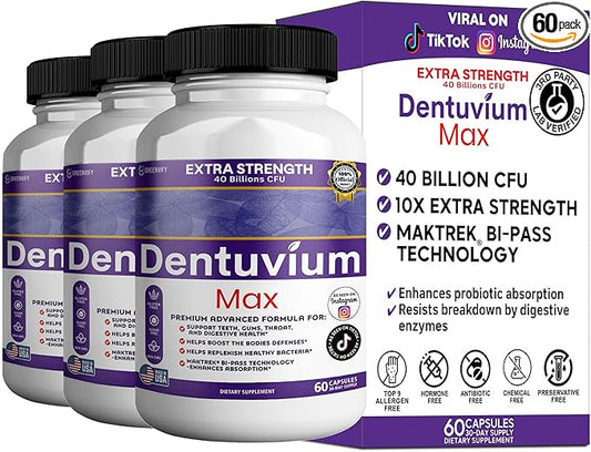 Dentuvium Max Probiotic Supplement - 40 Billion CFU - Supports Teeth Gums Throat Digestive Health - Gluten Free Sugar Free Non-GMO - 60 Capsules (3)