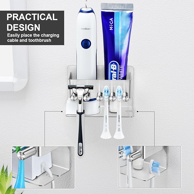 Electric Toothbrush Head Holder, Electric Toothbrush Holders Wall Mounted, Electric Head Holder, Brush Head Storage, Brush Head Holder Toothpaste Holder for Bathrooms (Silver)