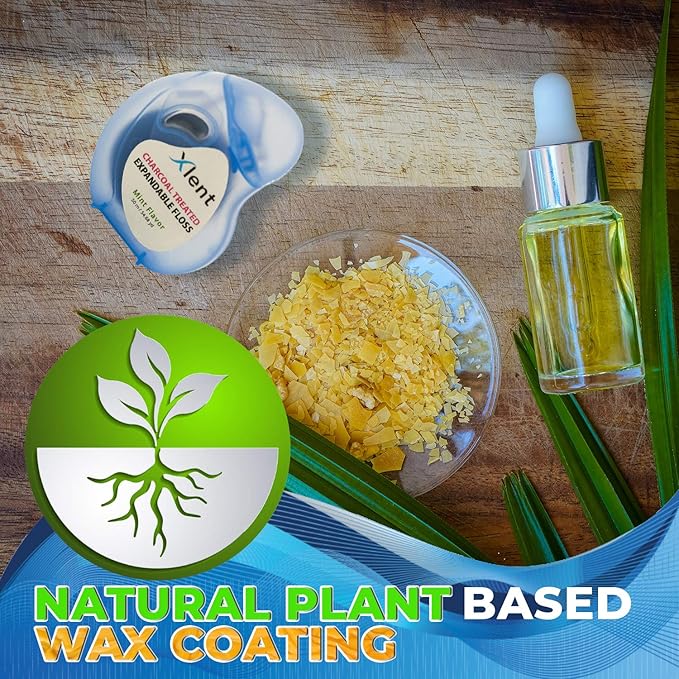 Expandable Floss Treated with Activated Charcoal with Xylitol and Natural Plant Based Wax |Fresh Mint Flavor | 50 Meter (6 Count)