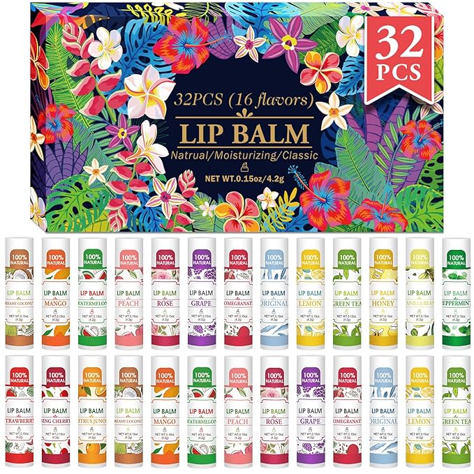 32 Pack Lip Balm, Natural Lip Balm Bulk with Vitamin E and Coconut Oil, Bulk Lip Balms for Dry Lips-16 Flavors