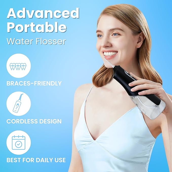 Dental Water Flosser Cordless, 310ML Electric Flosser with 4 Cleaning Modes & 8 Replaceable Jet Tips, IPX7 Waterproof Electric Waterflosser for Teeth Cleaning (8 Tips)