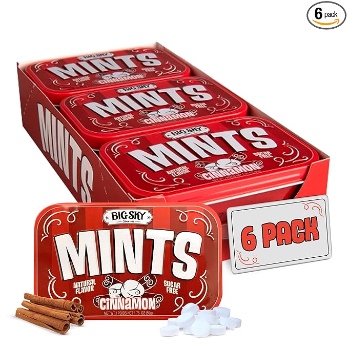 Big Sky Sugar Free Cinnamon Mint Candy, 50g Tin - 6 Count Display Tray