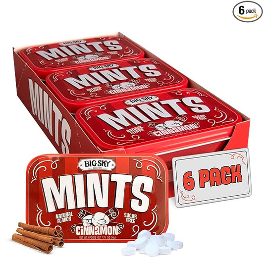 Big Sky Sugar Free Cinnamon Mint Candy, 50g Tin - 6 Count Display Tray