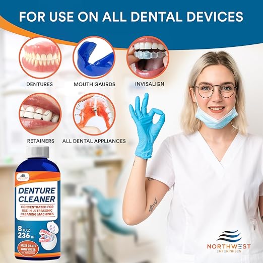 Ultrasonic Denture Cleaner - Denture Cleaner for All Types of Dentures - Denture Cleaning Solution Removes Stains, Plaque, Grime, and Build-up (16 Ounces)