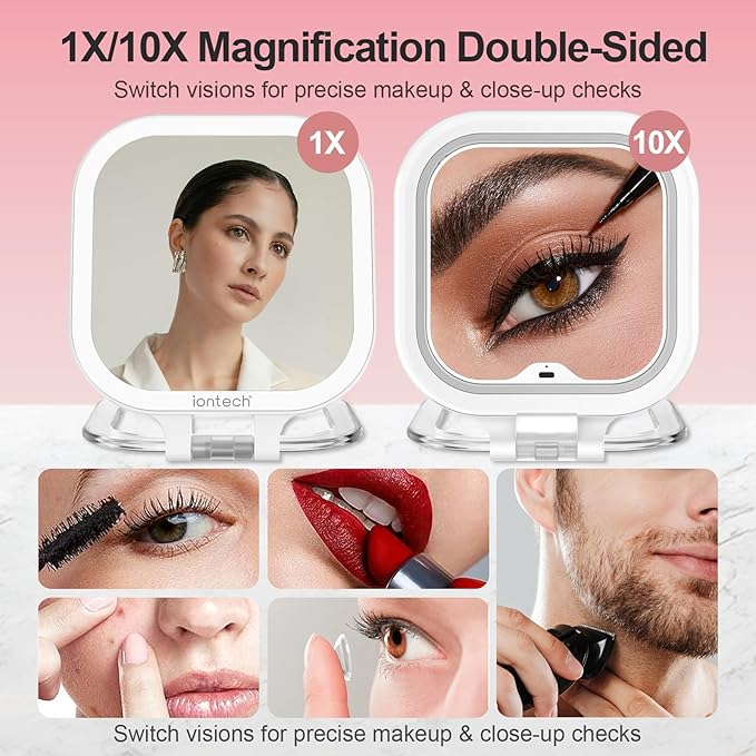 ION Vanity Mirror with Lights,1X/10X Magnifying Glass,2500mAh Battery Double Sided Vanity Mirror,7in Makeup Mirror with 3 Color Light,Brightness Adjustment Memory,Folding Stand (White)