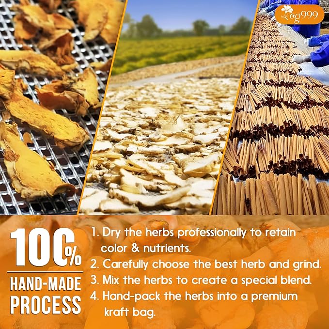 TOG999, Premium 12oz/200 cups Ginger Turmeric Cinnamon Loose Leaf Herbal Tea. Improve Digestion, Support Brain, Weight, Skin and Sleep. Premium Quality Spiced Blend. No Sugar, No Caffeine, No Gluten, Vegan.