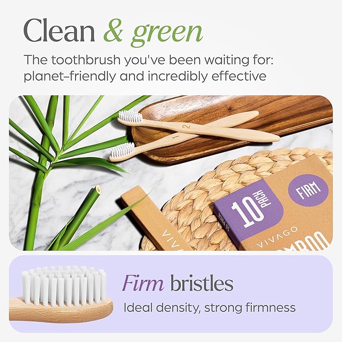 Firm Toothbrushes for Adults - 10 Pack - BPA Free Hard Bristle Toothbrush Firm - Bamboo Toothbrushes Hard
