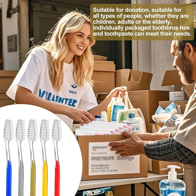 Disposable Toothbrushes with Toothpaste Individually Wrapped 5 Colors Bulk Toothbrush and Toothpaste 10g for Homeless,Shelter,Air Bnb/Hotel/Guest Apartment (100)