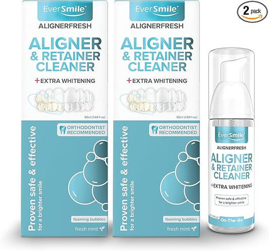 EverSmile AlignerFresh Extra Whitening Foam – Cleaner Compatible w/Invisalign and All Clear Aligners and Retainers – Eliminates Bacteria, Whitens Teeth, Fights Bad Breath – 50ml (2 Pack)