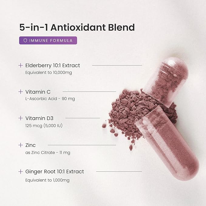 Elderberry with Vitamin C and Zinc - 5 in 1 - Immunity Support Supplement, 10,000mg Sambucus Black Elderberry Capsules with Vitamin D3 5000 IU, Sambucus Elderberry Extract - Immune Booster for Adults