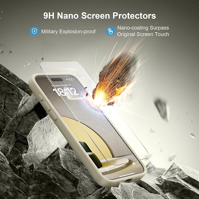 Magnetic for iPhone 15 Pro Case, Compatible with MagSafe, with 9H Nano Screen Protectors, Full Camera Protection, Silicone Shockproof Microfiber Lining Phone Case 6.1", Khaki