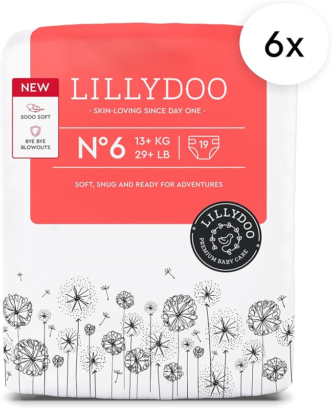 LILLYDOO Baby Diapers - Size 6 (29+ lbs), Monthly Supply (114 Count), Leak Protection, Skin-Friendly, Ultrasoft, Perfume- & Chlorine-Free, Hypoallergenic, dermatologically Tested, Oeko-TEX®
