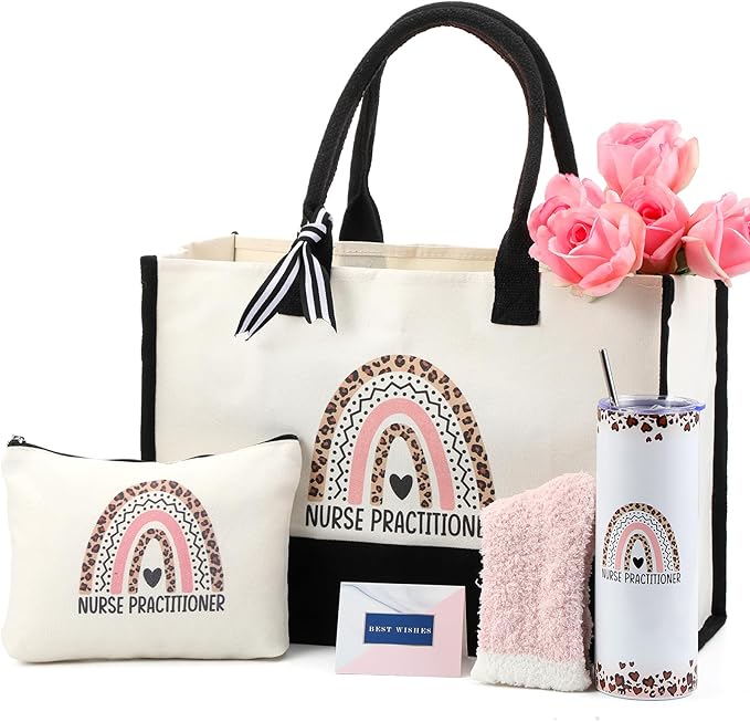 Geiserailie 8 Pcs Christmas Nurse Practitioner Gifts for Women Including Large Tote Bag Cosmetic Bags Tumbler Cup Plush Socks Metal Keychain Card and Envelope for Nurse Practitioner Thank You Gifts
