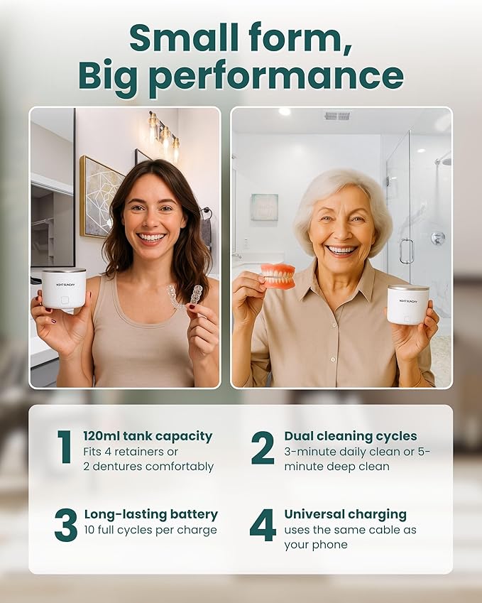 Ultrasonic Retainer Cleaner Machine - Aligner Cleaner for Night guard, Retainer, Denture, Toothbrush, Jewellery, 2 Easy Cleaning Modes with 1000 mAh Battery