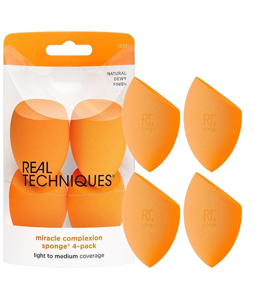 Real Techniques Miracle Complexion Makeup Sponge, 4-Pack Beauty Blender For Liquid & Cream Foundation, Streak-Free Coverage, Latex-Free, Vegan & Cruelty-Free