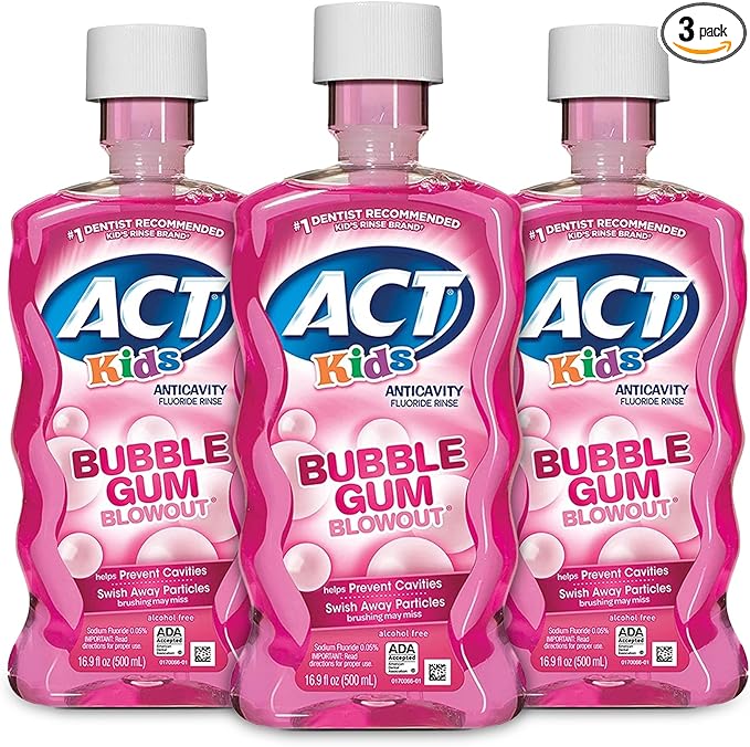 ACT Kids Anticavity Fluoride Rinse for Bad Breath Treatment, Bubble Gum Blowout, 16.9 fl. oz. (Pack of 3)