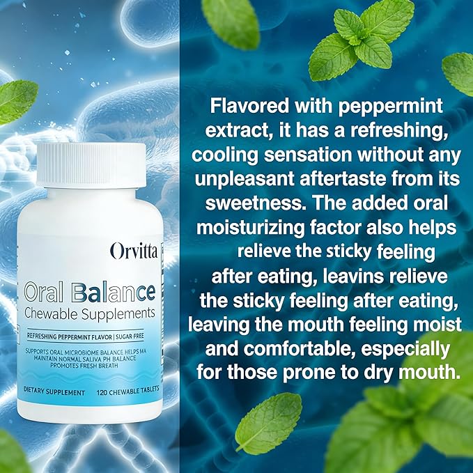 Orvitta Oral Balance Chewable Tablets, Sugar-Free, Refreshing Mint Flavor - Supports Oral microbiota, Saliva pH Balance, and Fresh Breath 120 Tablets