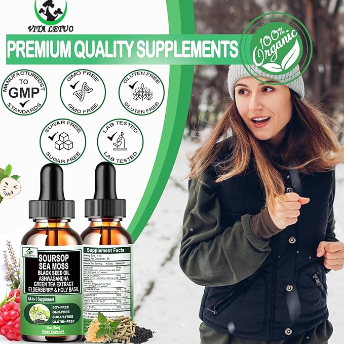 Soursop Drops,Soursop Bitters Liquid with Sea Moss Black Seed Oil Green Tea Extract Ashwagandha Elderberry Holy Basil-Multimineral&Vitamins Superfood Drops for Immune&Digestive & Cell Support