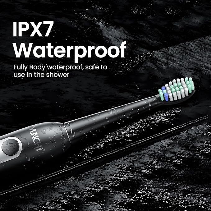 YUNCHI Electric Toothbrush for Adults and Kids, Sonic Rechargeable Toothbrushes with 8 Brush Heads, 1 Travel Case, 90 Days, 2 Min Timer, IPX7 Waterproof, 5 Modes, Type-C, 40000 VPM Motor, Black