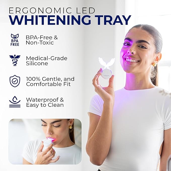 Premium Teeth Whitening Kit with a Rechargeable Wireless Red and Blue UV Whitening Spectrum LED Lights Accelerator Mouthpiece, a Sanitizing Travel Storage Case & Three 2 ml Whitening Gel Pen