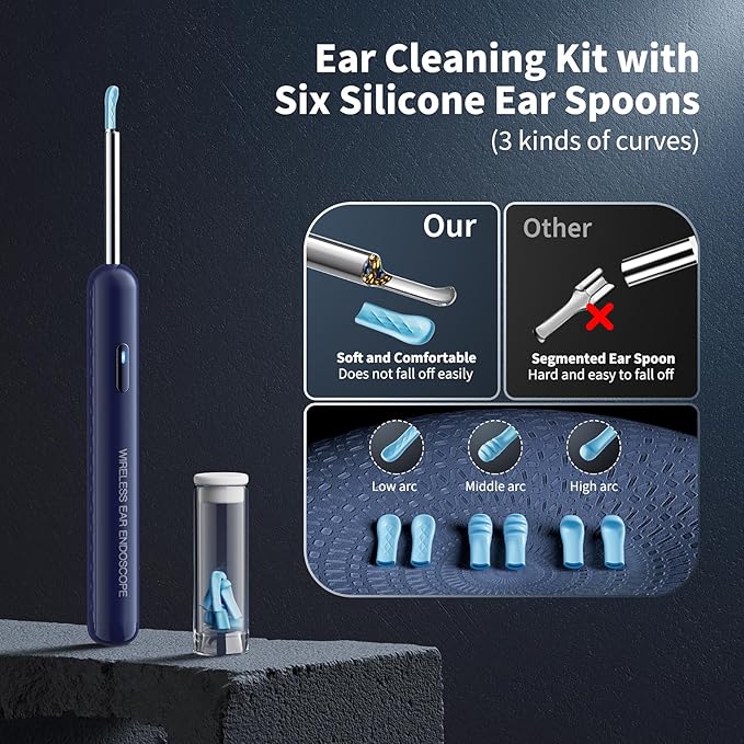 Ear Wax Removal, Ear Cleaner with Camera and Light, Ear Wax Removal Kit with 8 Pcs Set, Ear Wax Removal Tool Camera with 1080P, Ear Cleaning Kit with 6 Spoons, Ear Camera for iOS & Android (Blue)