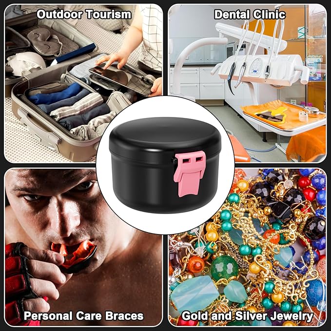 Denture Cup, Leak Proof Denture Bath Case for Travel, False Teeth Container for Soaking Dentures & Retainer, Retainer Cleaner Case, Black+Pink.